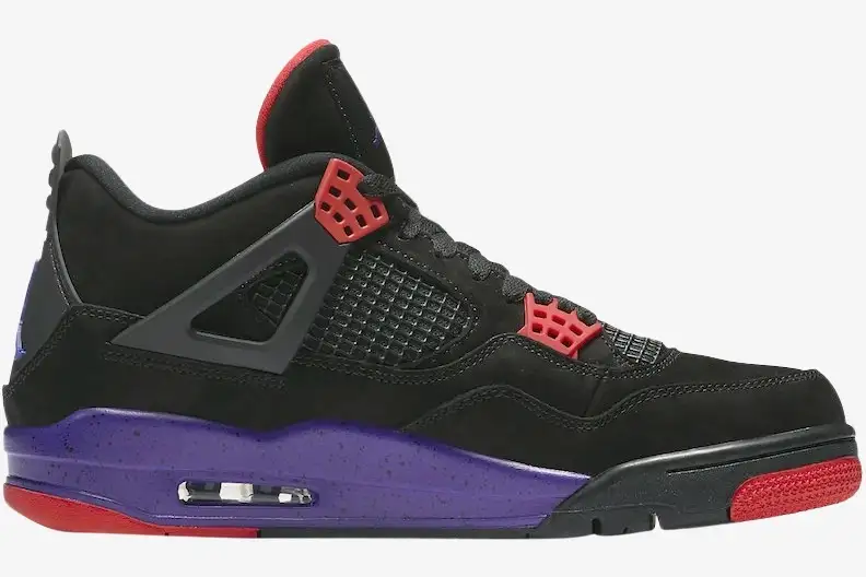 air-jordan-4-retro-raptors-black-purple-side-aq3816-065-884-852 Air Jordan 4 Retro Raptors sneaker in black, purple, and red, shown in a side profile view. - SKU AQ3816-065