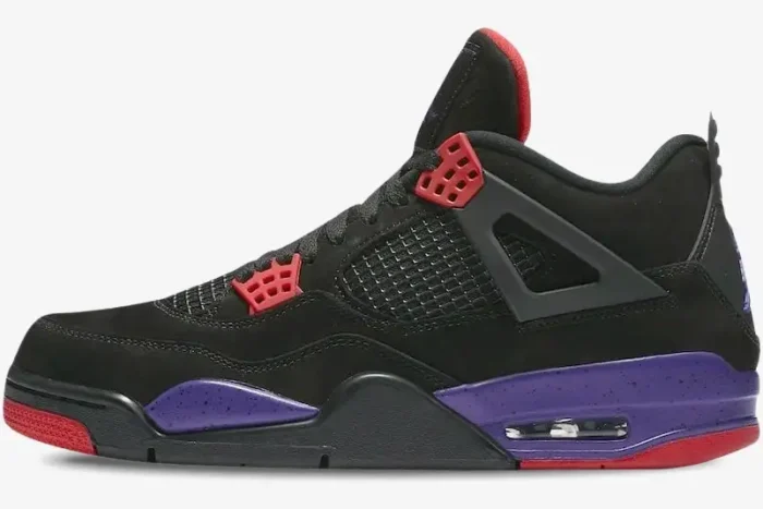 Air Jordan 4 Retro Raptors sneaker in black, purple, and red, shown from a side profile view. - SKU AQ3816-065