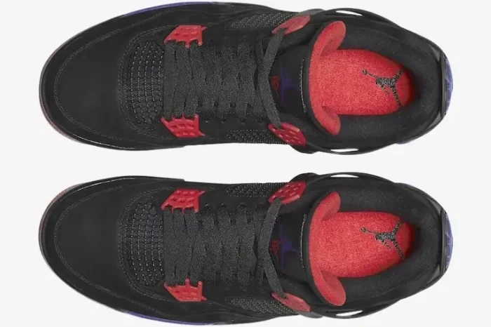 Top-down view of a pair of black, purple, and red Air Jordan 4 Retro Raptors sneakers. - SKU AQ3816-065