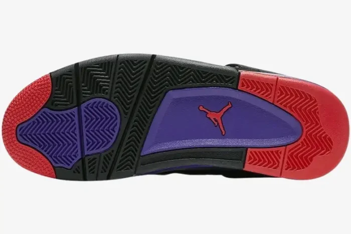 Bottom sole of Air Jordan 4 Retro Raptors sneakers in black, purple, and red with red Jumpman logo. - SKU AQ3816-065