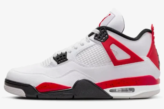 White and red Air Jordan 4 Retro Red Cement basketball shoe, lateral side view. - SKU DH6927-161