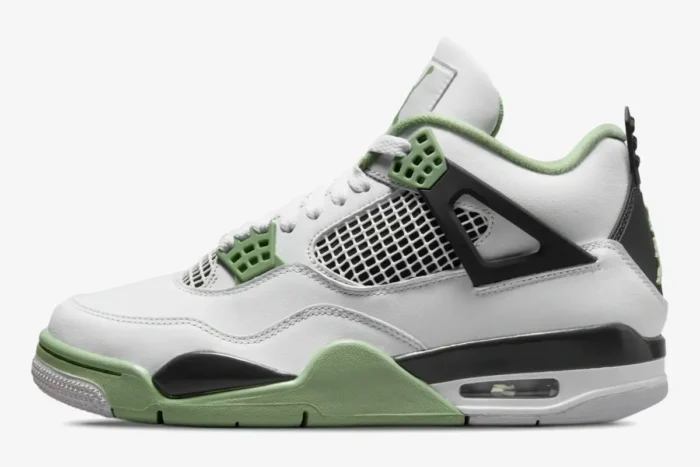 Air Jordan 4 Retro Seafoam Oil Green sneaker in a side profile view with white leather and green accents. - SKU AQ9129-103