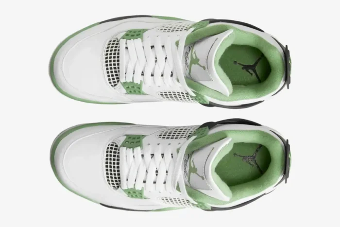 Top-down view of Air Jordan 4 Retro Seafoam Oil Green sneakers with white leather and green accents. - SKU AQ9129-103