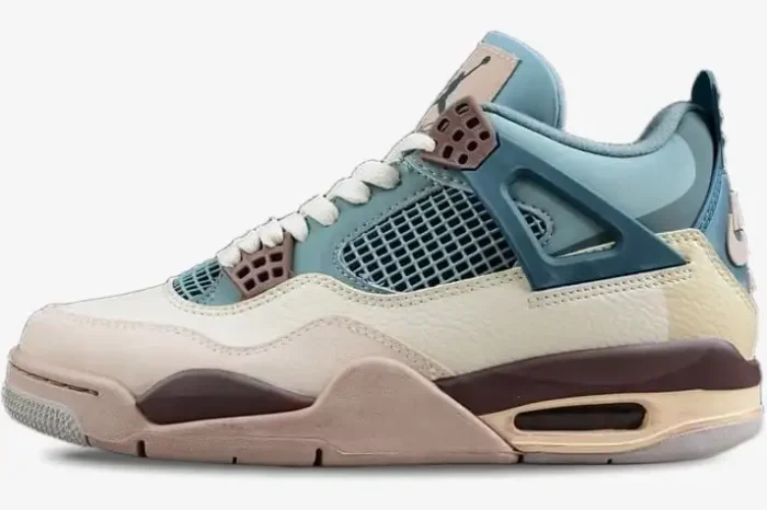 Side profile of Air Jordan 4 Retro Snorlax Custom sneakers in teal, beige, and brown colorway.