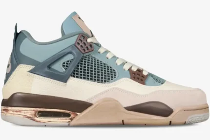 Side view of Air Jordan 4 Retro Snorlax Custom sneaker in blue, cream, and brown earthy tones.