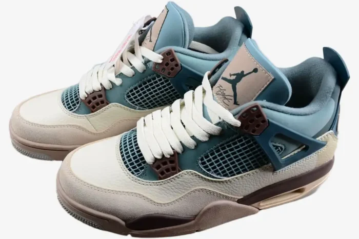 Air Jordan 4 Retro Snorlax Custom sneakers in teal and cream, three-quarter view.