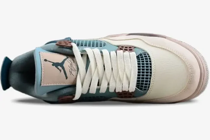 Top-down view of Air Jordan 4 Retro Snorlax Custom in teal and cream with brown accents and white laces.