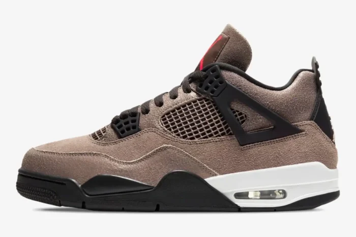 Profile view of Air Jordan 4 Retro Taupe Haze sneakers in brown cracked leather with black and white accents. - SKU DB0732-200