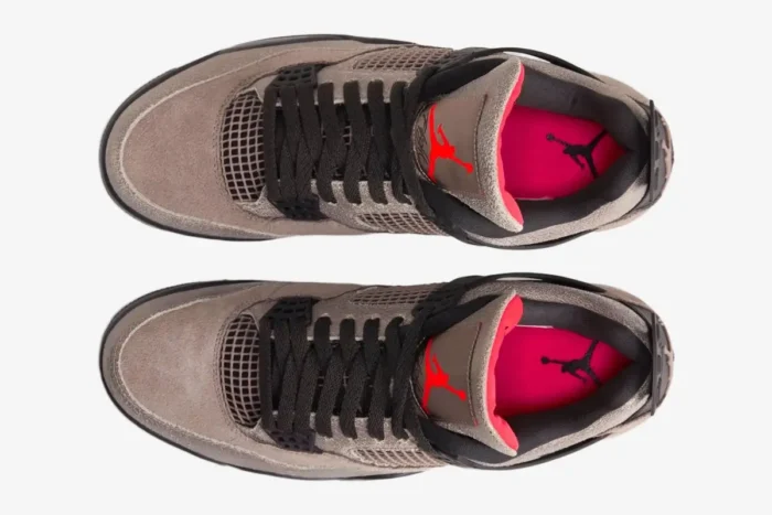 Top-down view of Air Jordan 4 Retro Taupe Haze sneakers with brown cracked leather, black laces, and red accents. - SKU DB0732-200