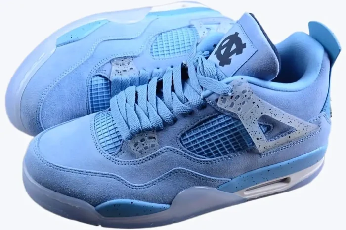 Air Jordan 4 Retro UNC Player Exclusive sneakers in light blue suede, three-quarter side view. - SKU su18-mnjdls-731-lnm-aj4-904284