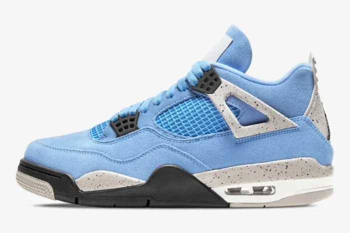 Side profile of Air Jordan 4 Retro University Blue sneakers with light blue suede and grey cement accents. - SKU CT8527-400