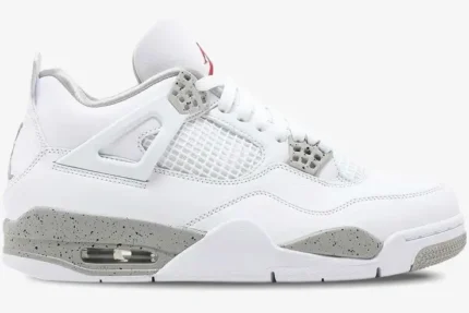 Side profile of Air Jordan 4 Retro White Oreo sneakers in white leather with grey speckled accents. - SKU CT8527-100