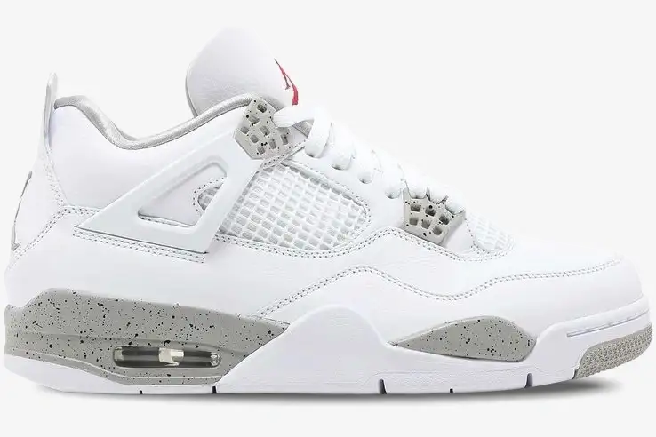 air-jordan-4-retro-white-oreo-side-view-ct8527-100-746-047 Side profile of Air Jordan 4 Retro White Oreo sneakers in white leather with grey speckled accents. - SKU CT8527-100