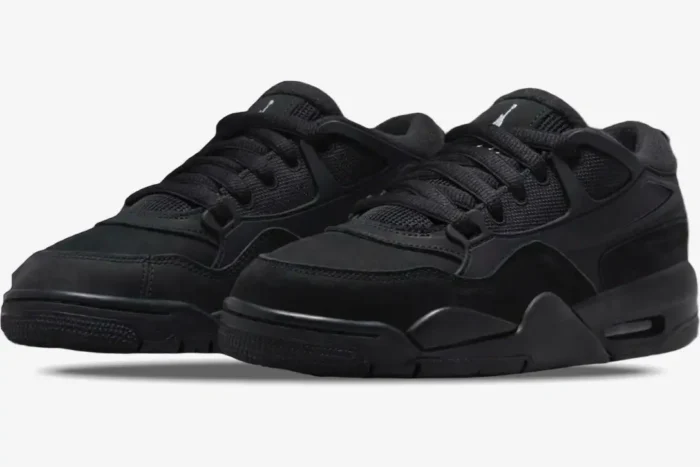 Triple black Air Jordan 4 RM Black Cat Remastered low-top sneakers shown from a front three-quarter angle. - SKU FQ7939-004