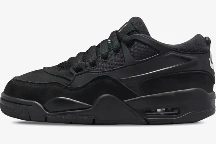 Side profile of the Air Jordan 4 RM Black Cat Remastered sneaker in all-black. - SKU FQ7939-004