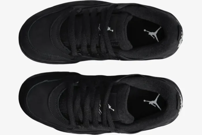 Top-down view of the Air Jordan 4 RM Black Cat Remastered sneakers in all black. - SKU FQ7939-004