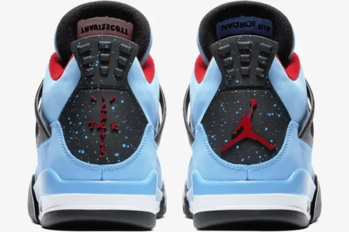 Rear view of university blue Air Jordan 4 Retro x Travis Scott Cactus Jack sneakers. - SKU 308497-406