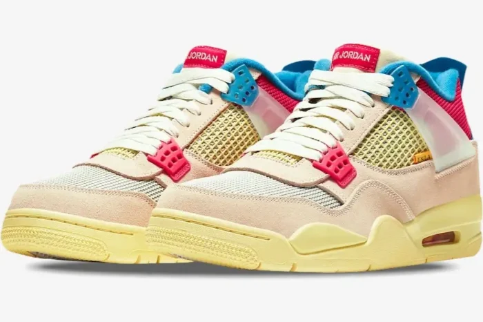 Air Jordan 4 x Union LA Guava Ice sneakers in a three-quarter front view with pink suede and blue accents. - SKU DC9533-800