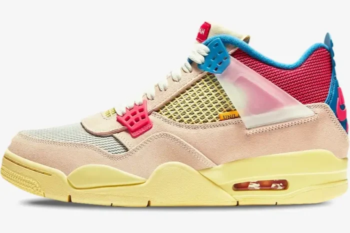Side profile of the Air Jordan 4 x Union LA Guava Ice sneaker featuring pink suede and yellow accents. - SKU DC9533-800