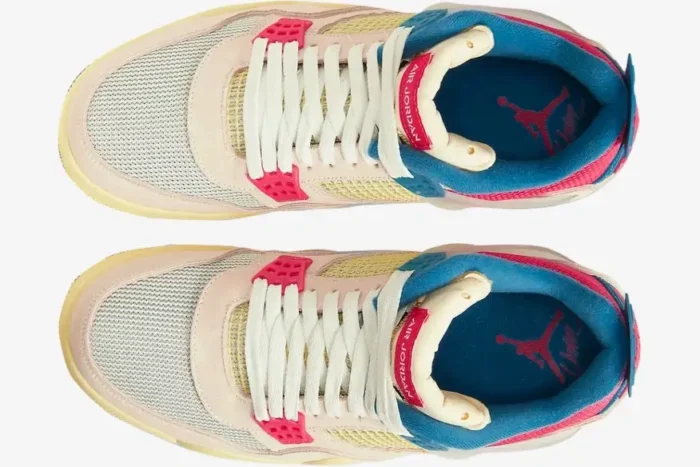 Top-down view of Air Jordan 4 x Union LA Guava Ice sneakers with pink, blue, and yellow accents. - SKU DC9533-800