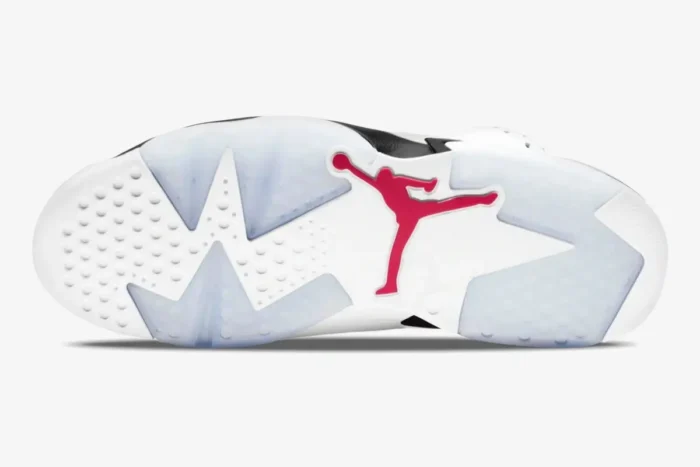 Outsole view of Air Jordan 6 Retro Carmine sneakers with white, icy blue, and a red Jumpman logo. - SKU CT8527-100