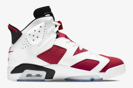 Side profile of Air Jordan 6 Retro Carmine sneakers in white and red. - SKU CT8527-100