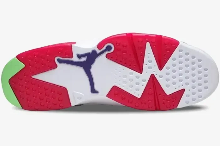 Bottom outsole view of Air Jordan 6 Retro Hare featuring white, red, and purple colors with a Jumpman logo. - SKU CT8529-062