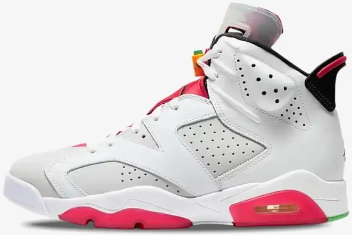 Side profile of Air Jordan 6 Retro Hare sneakers in white and grey with red accents. - SKU CT8529-062