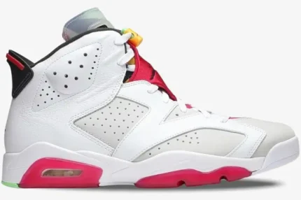 Side profile of Air Jordan 6 Retro Hare sneakers in white and grey with vibrant red accents. - SKU CT8529-062