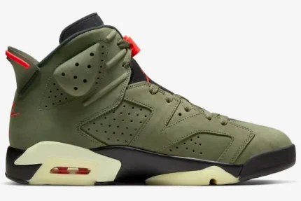 Side profile of Air Jordan 6 Retro x Travis Scott in Medium Olive green with red accents. - SKU CN1084-200