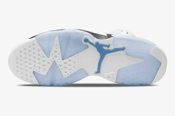 Bottom view of Air Jordan 6 Retro UNC showing the white and icy blue translucent outsole with a blue Jumpman logo. - SKU CT8529-410
