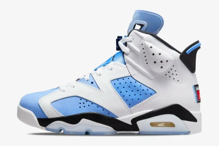 Air Jordan 6 Retro UNC sneakers in white and university blue, side profile view on a white background. - SKU CT8529-410