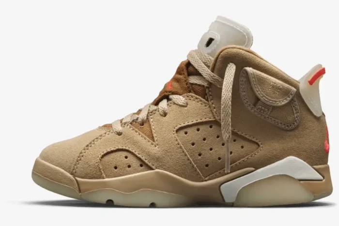 Side profile of the Air Jordan 6 Retro x Travis Scott British Khaki sneaker in tan suede with a stash pocket. - SKU DH0690-200