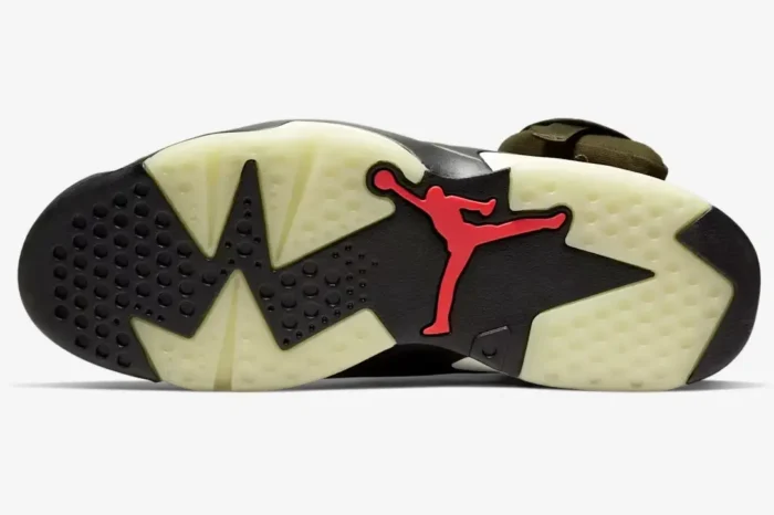 Bottom view of Air Jordan 6 Retro x Travis Scott Olive outsole with red Jumpman logo. - SKU CN1084-200