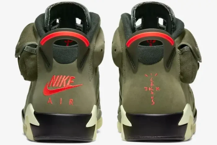 Rear view of Air Jordan 6 Retro x Travis Scott Olive sneakers featuring Nike Air and Cactus Jack logos. - SKU CN1084-200