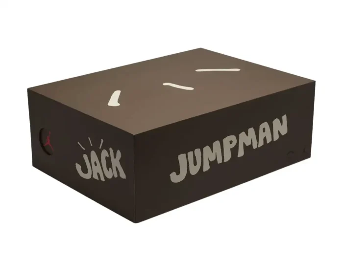 Brown Air Jordan Jumpman Jack TR x Travis Scott shoebox with cream text, three-quarter view. - SKU FZ8117-100