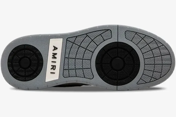 Bottom view of the Amiri Classic Low 'White Grey Black' luxury sneaker outsole with branding. - SKU AMFOSR1067-001