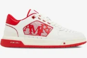 Amiri Classic Low white and red leather sneakers, side profile view with bold red logo. - SKU AMFOSR1043-147