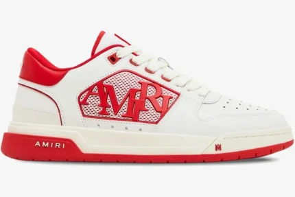 Amiri Classic Low white and red leather sneakers, side profile view with bold red logo. - SKU AMFOSR1043-147