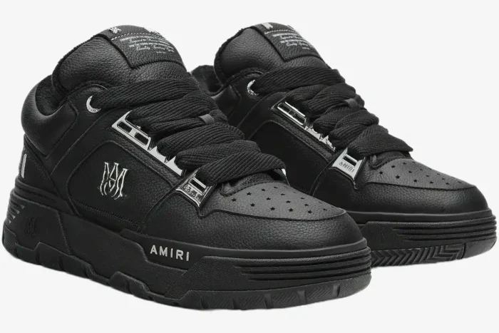 Pair of Amiri MA-1 leather sneakers in black metallic, three-quarter side view. - SKU AMFOSR1152-001