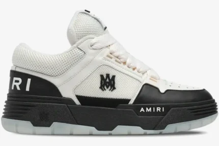 Side profile of an Amiri MA-1 sneaker in white and black with chunky sole and mesh panels. - SKU AMFOSR1001-101