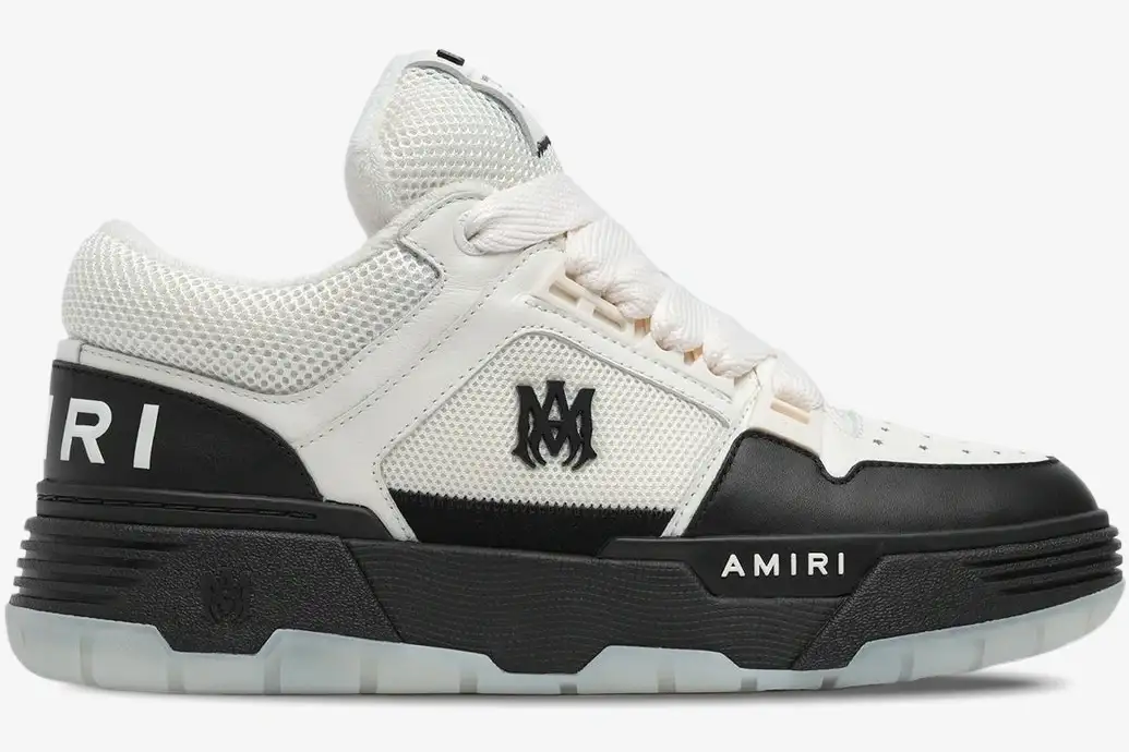 amiri-ma-1-sneaker-white-black-side-profile-amfosr1001-101-424-822 Side profile of an Amiri MA-1 sneaker in white and black with chunky sole and mesh panels. - SKU AMFOSR1001-101