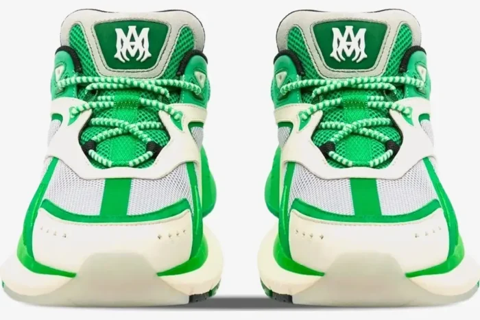 Front view of Amiri MA Runner Low sneakers in green and white leather and suede. - SKU AMFOSR1020-310