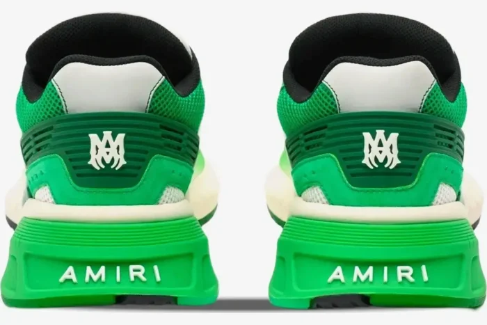 Rear view of green Amiri MA Runner Low leather and suede sneakers with white logo details. - SKU AMFOSR1020-310