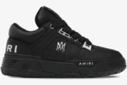 Side profile of Amiri MA-1 leather sneakers in black metallic with silver logo details. - SKU AMFOSR1152-001