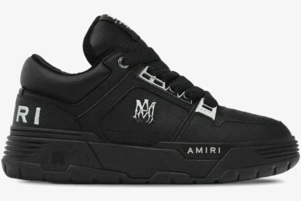Side profile of Amiri MA-1 leather sneakers in black metallic with silver logo details. - SKU AMFOSR1152-001