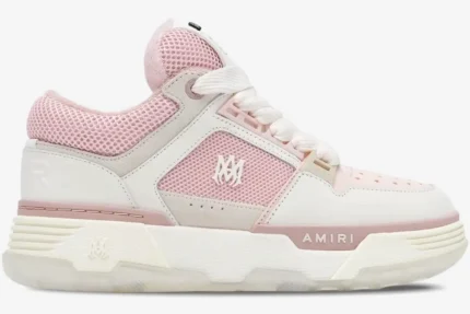 Amiri MA-1 Women's Sneaker in Pink Alabaster White, side profile view showing mesh and leather details. - SKU AWFOSR1080-628