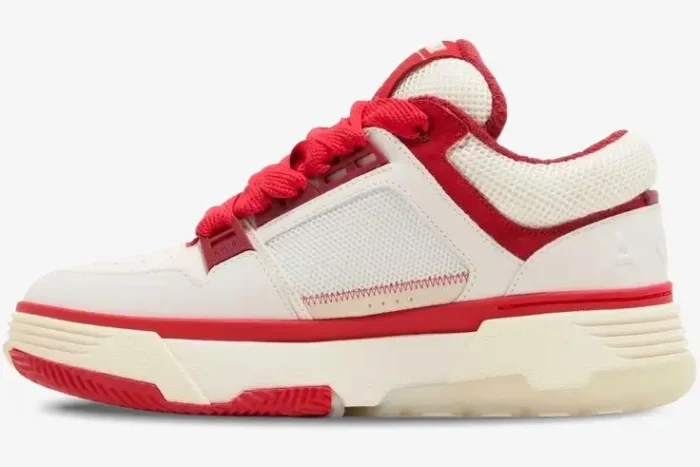 Amiri MA-1 Sneaker in white and red, side profile view showing chunky sole and mesh panels. - SKU PS24MFS018-610