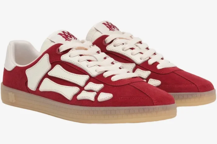 Amiri Pacific Skeleton Bone red and white suede sneakers, three-quarter side view with gum sole. - SKU AMFOSR1135-644