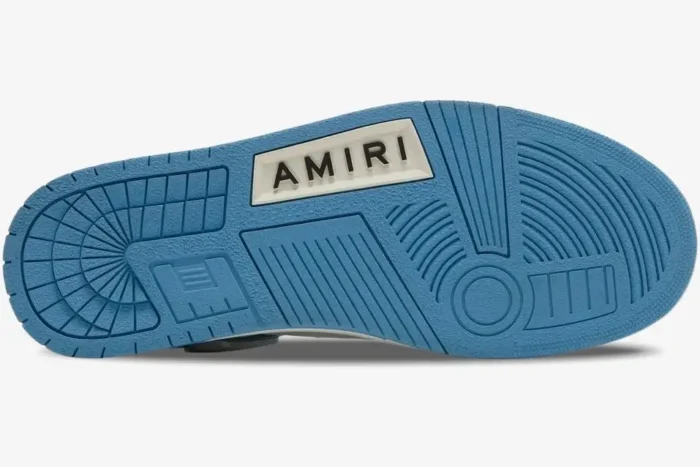 Bottom sole view of an Amiri Skel Top Low sneaker in blue and white with brand logo. - SKU MFS003-462